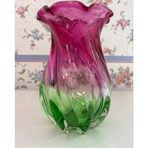 Teleflora Gift Art Glass Vase Pink Green Ombre Ruffled Swirl Flower Design 7.5in